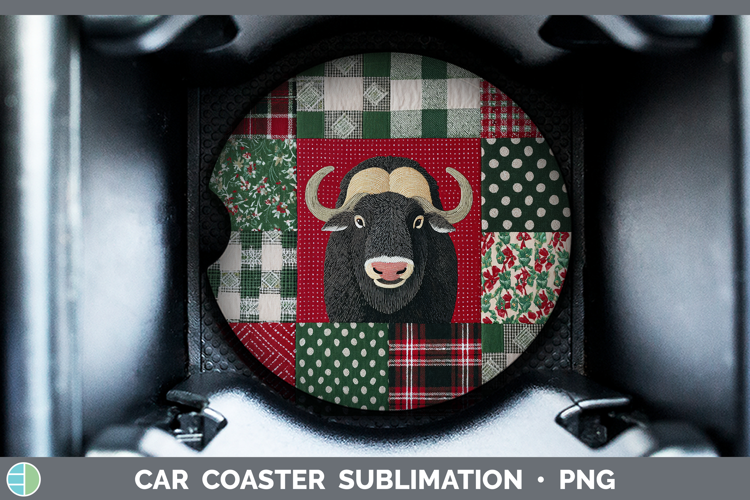Musk Ox Woodland Christmas Quilt Car Coaster Sublimation Des