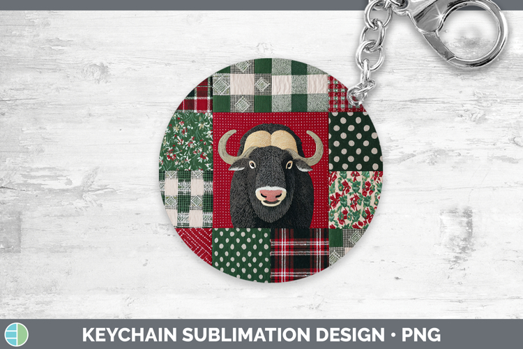 Musk Ox Woodland Christmas Quilt Keychain Sublimation Design