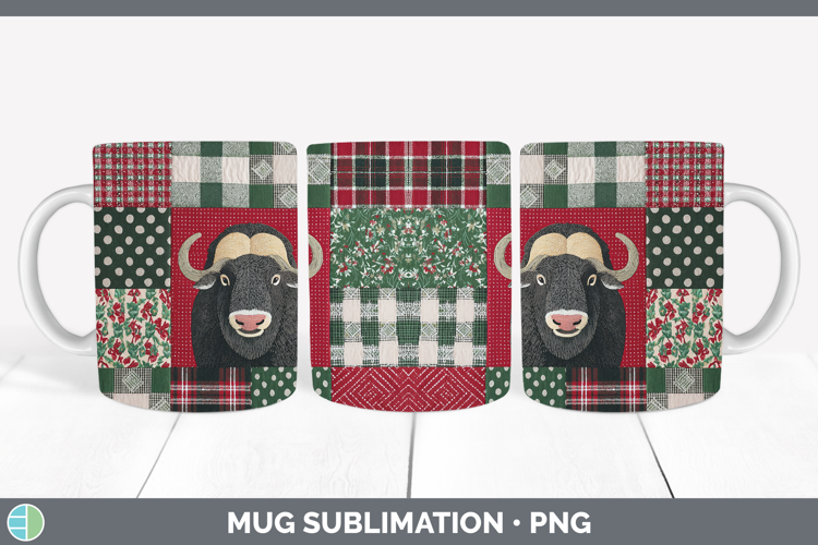 Musk Ox Woodland Christmas Quilt Mug Wrap Sublimation Design