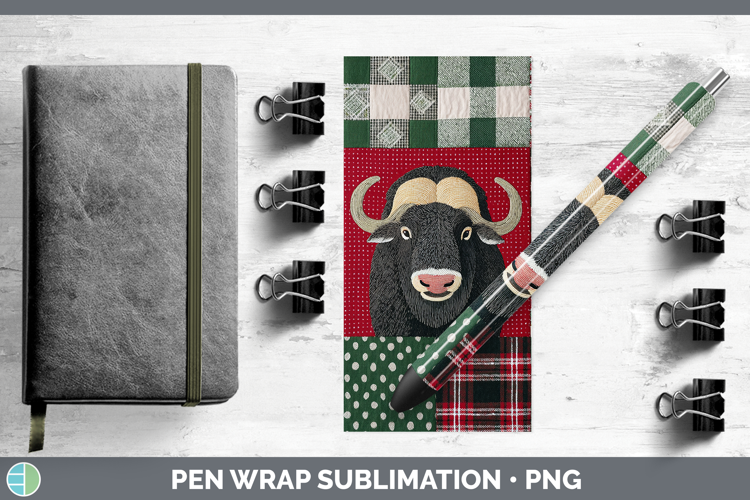Musk Ox Woodland Christmas Quilt Pen Wrap Sublimation Design