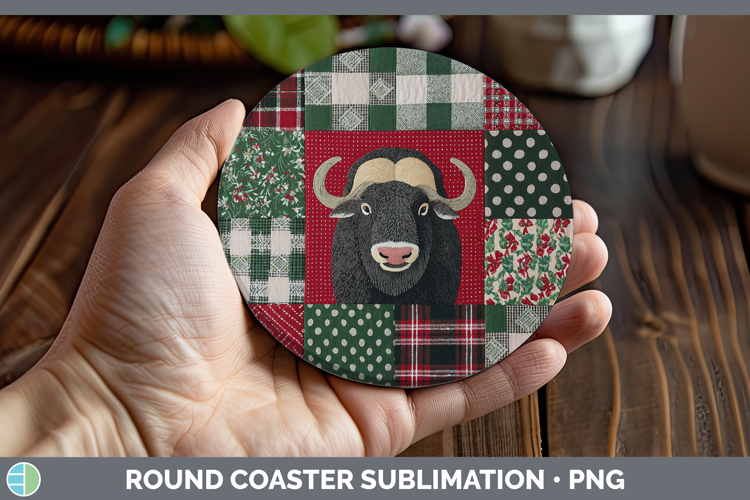 Musk Ox Woodland Christmas Quilt Round Coaster Sublimation D