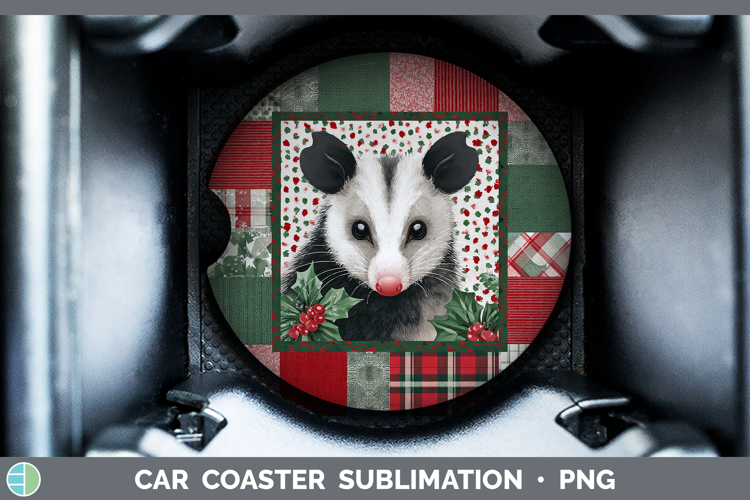 Opossum Woodland Christmas Quilt Car Coaster Sublimation Des