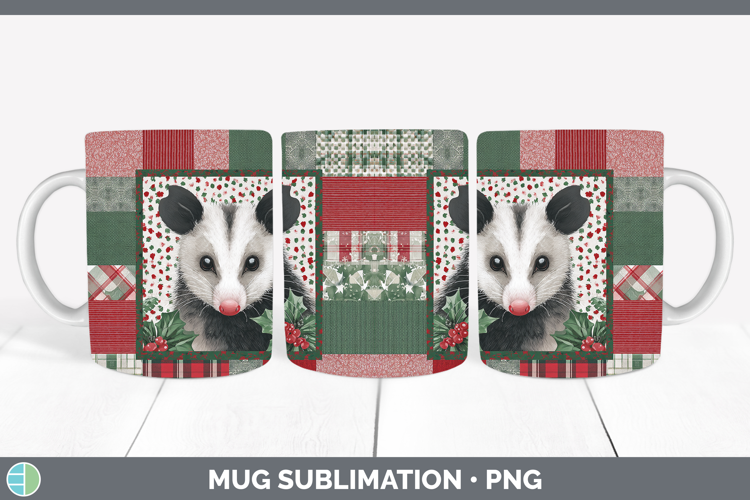 Opossum Woodland Christmas Quilt Mug Wrap Sublimation Design