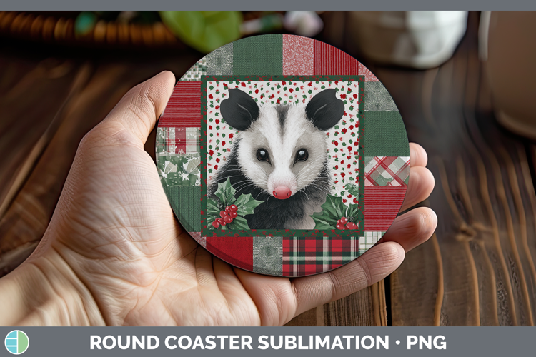 Opossum Woodland Christmas Quilt Round Coaster Sublimation D