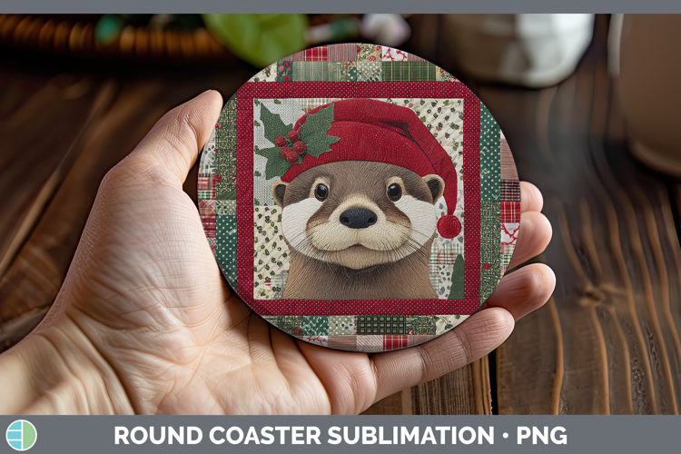 Otter Woodland Christmas Quilt Round Coaster Sublimation Des