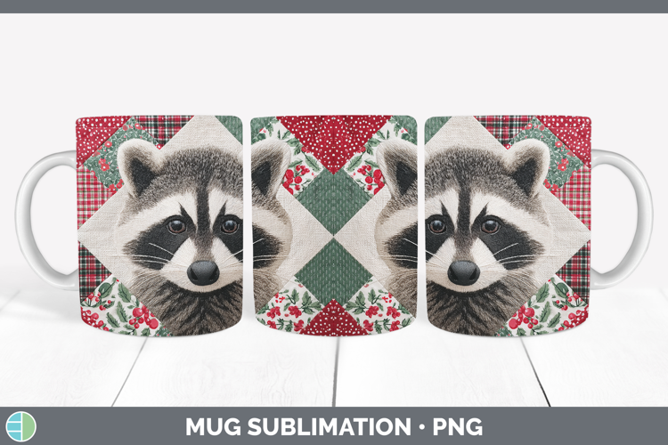 Raccoon Woodland Christmas Quilt Mug Wrap Sublimation Design