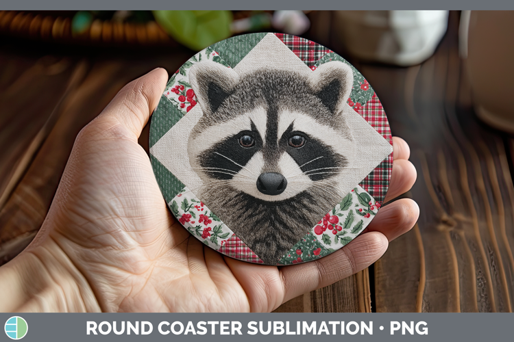 Raccoon Woodland Christmas Quilt Round Coaster Sublimation D