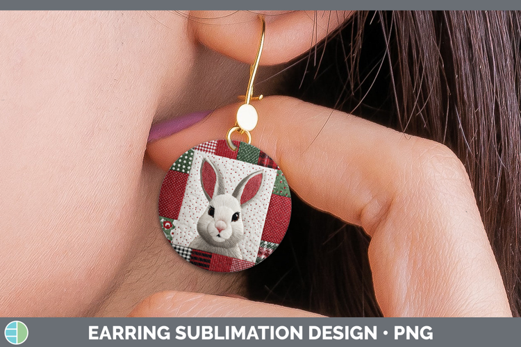 Snowshoe Hare Woodland Christmas Quilt Round Earrings Sublim