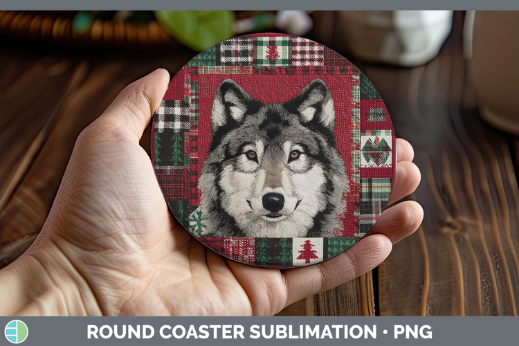Wolf Woodland Christmas Quilt Round Coaster Sublimation Desi