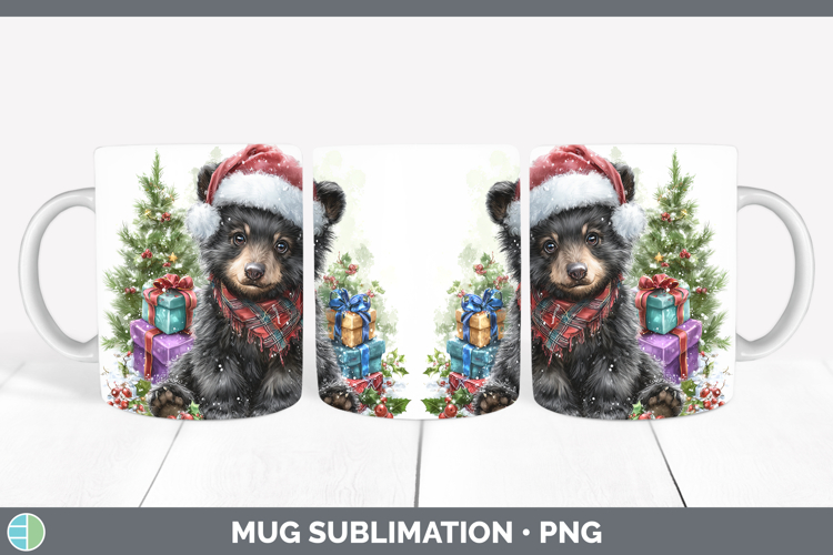 Woodland Christmas Santa Black Bear Mug Wrap Sublimation Cof