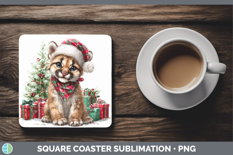 Woodland Christmas Santa Cougar Square Coaster Sublimation C