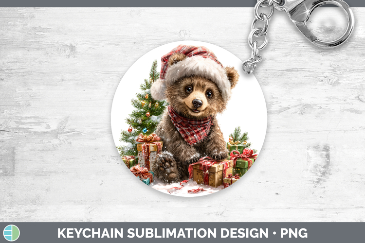 Woodland Christmas Santa Grizzly Bear Keychain Sublimation K