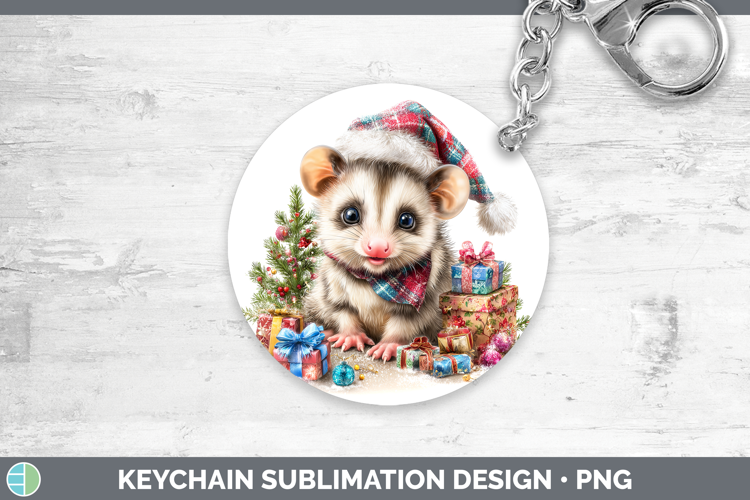 Woodland Christmas Santa Opossum Keychain Sublimation Keyrin