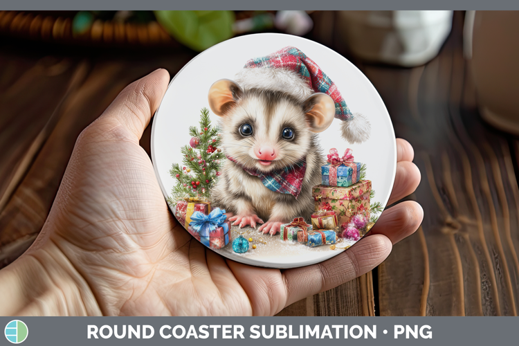 Woodland Christmas Santa Opossum Round Coaster Sublimation C