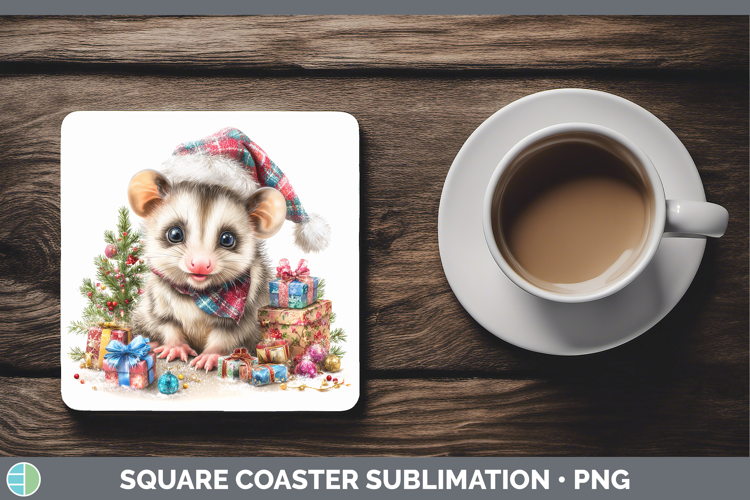 Woodland Christmas Santa Opossum Square Coaster Sublimation