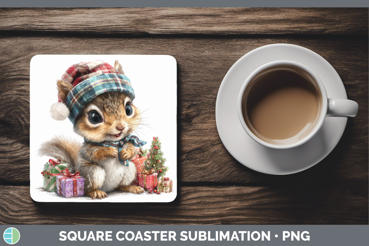 Woodland Christmas Santa Squirrel Square Coaster Sublimation