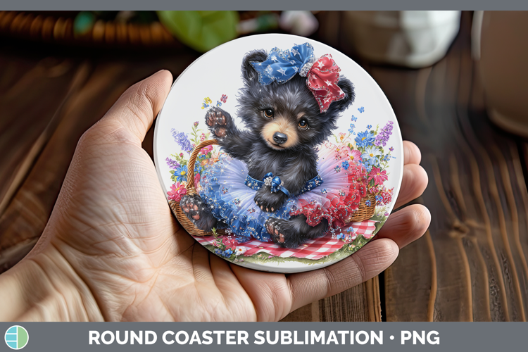 Woodland Fourth of July Black Bear Round Coaster Sublimation