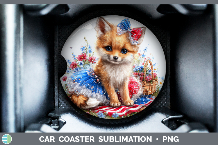 Woodland Fourth of July Fox Car Coaster Sublimation Designs