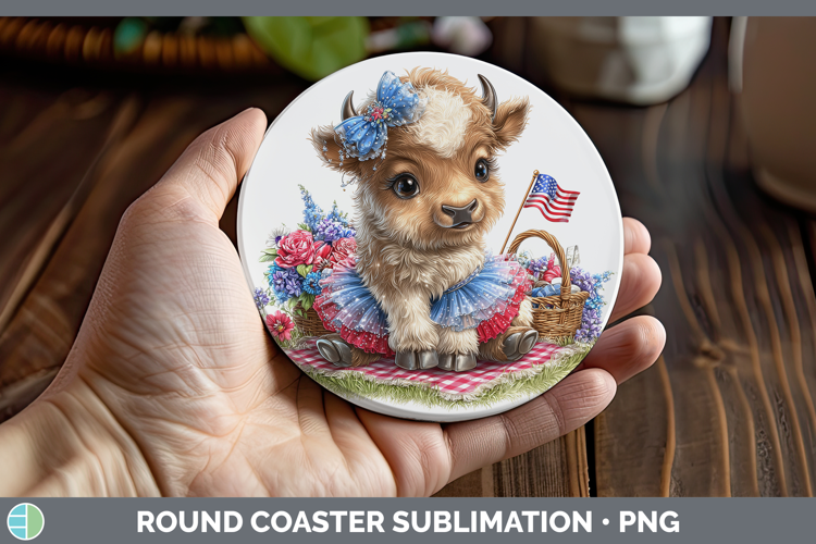 Woodland Fourth of July Musk Ox Round Coaster Sublimation Co