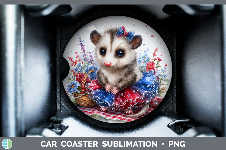 Woodland Fourth of July Opossum Car Coaster Sublimation Des