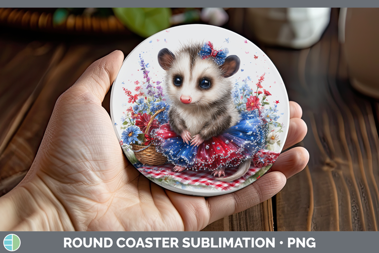 Woodland Fourth of July Opossum Round Coaster Sublimation Co