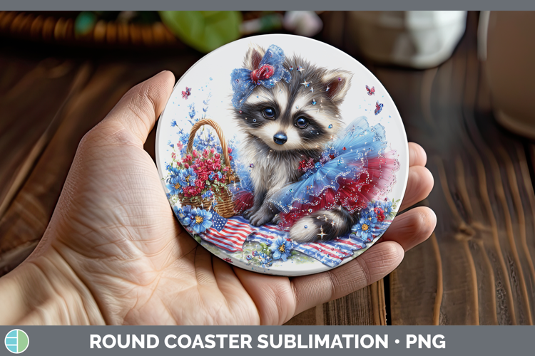 Woodland Fourth of July Raccoon Round Coaster Sublimation Co