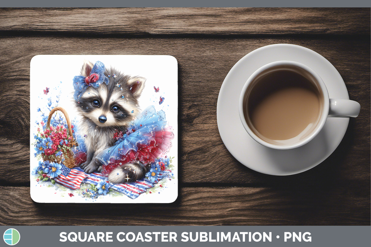 Woodland Fourth of July Raccoon Square Coaster Sublimation C