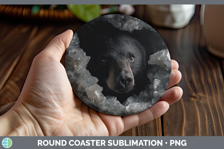 Woodland Geode Black Bear Round Coaster Sublimation Coaster