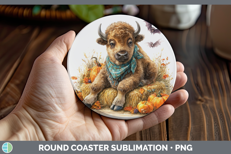 Woodland Halloween Bison Round Coaster Sublimation Coaster D