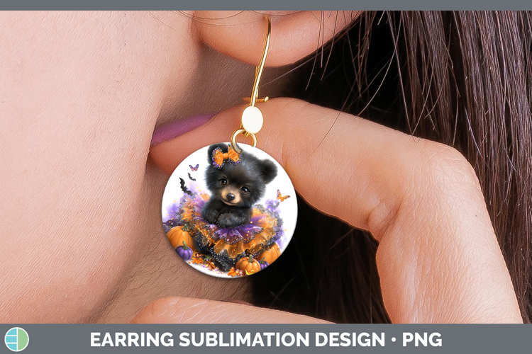 Woodland Halloween Black Bear Round Earrings Sublimation Ear