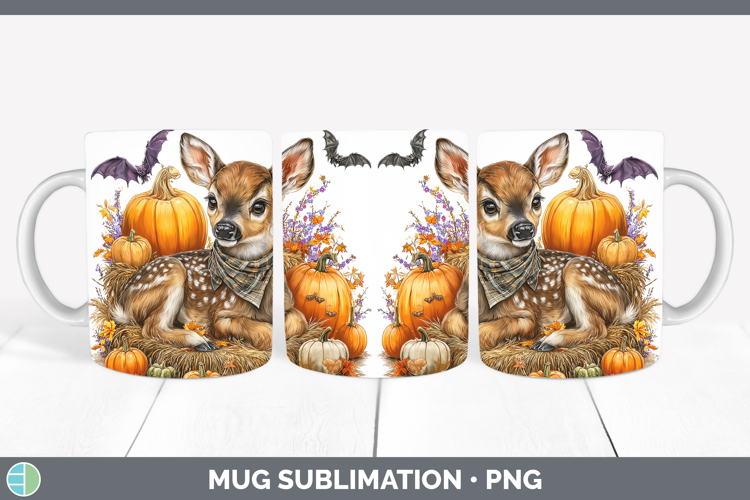 Woodland Halloween Deer Mug Wrap Sublimation Coffee Cup Desi
