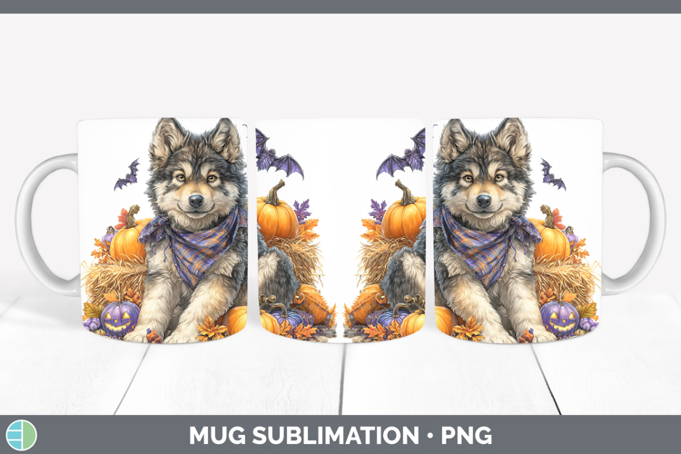 Woodland Halloween Wolf Mug Wrap Sublimation Coffee Cup Desi
