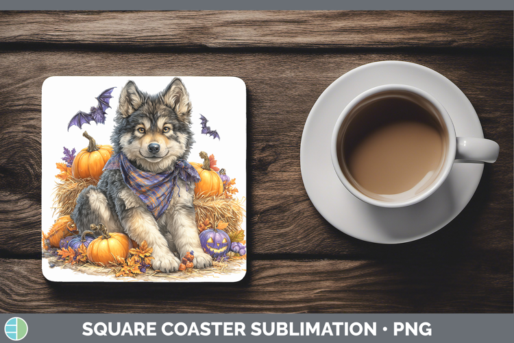 Woodland Halloween Wolf Square Coaster Sublimation Coaster D