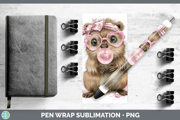 Beaver Woodland Pink Bubble Gum Pen Wrap Sublimation Design