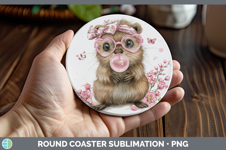 Beaver Woodland Pink Bubble Gum Round Coaster Sublimation De