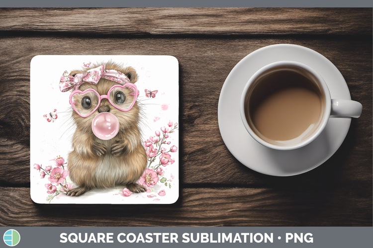 Beaver Woodland Pink Bubble Gum Square Coaster Sublimation D