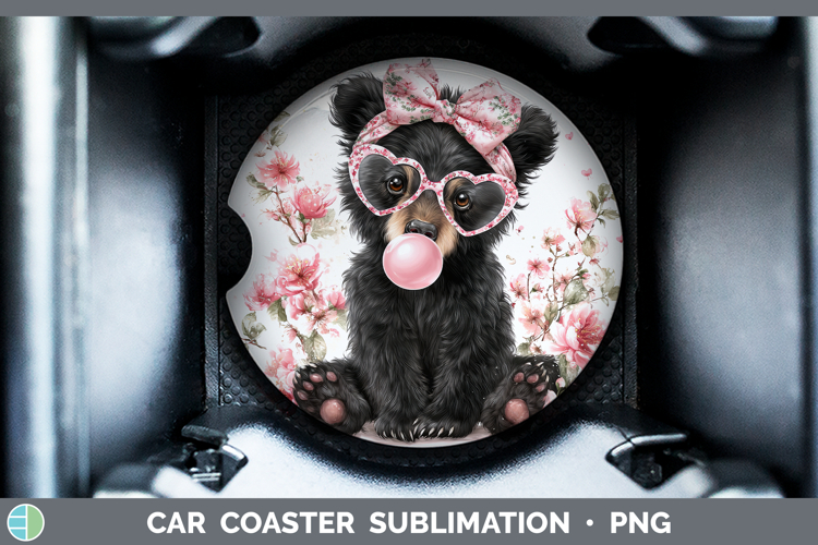 Black Bear Woodland Pink Bubble Gum Car Coaster Sublimation
