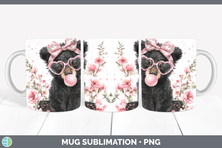 Black Bear Woodland Pink Bubble Gum Mug Wrap Sublimation Des