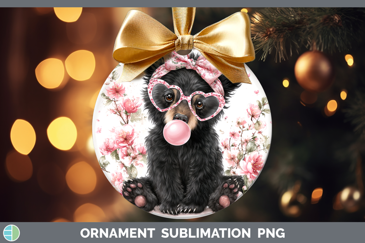 Black Bear Woodland Pink Bubble Gum Ornament Sublimation Des