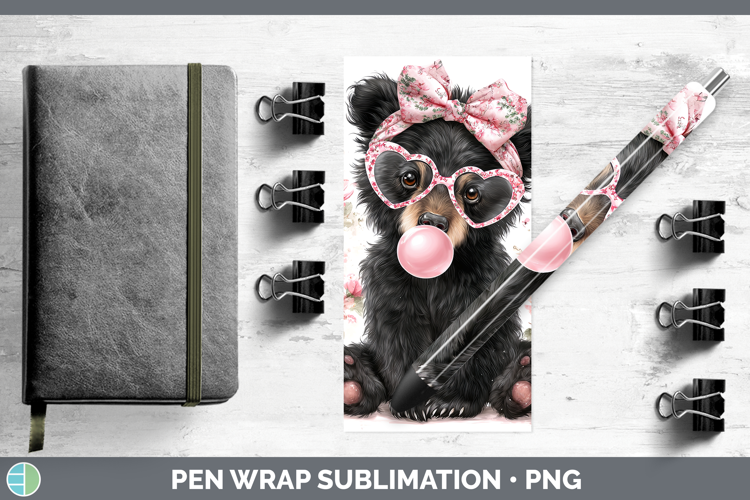Black Bear Woodland Pink Bubble Gum Pen Wrap Sublimation Des