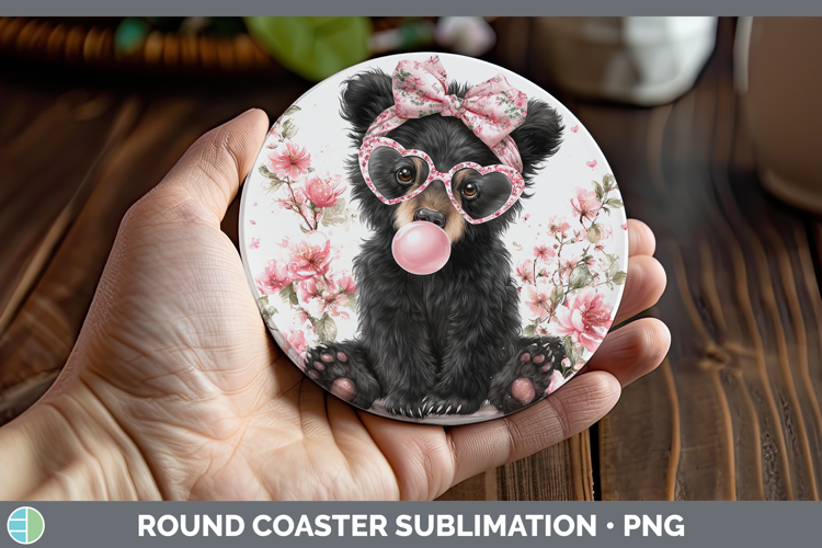 Black Bear Woodland Pink Bubble Gum Round Coaster Sublimatio