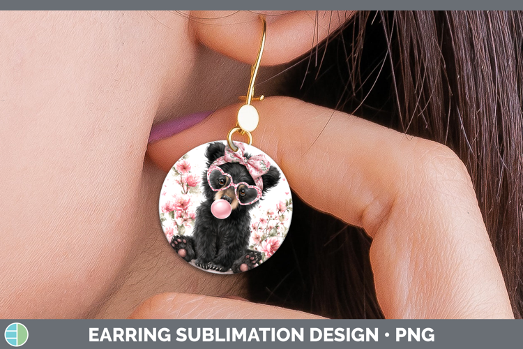 Black Bear Woodland Pink Bubble Gum Round Earrings Sublimati