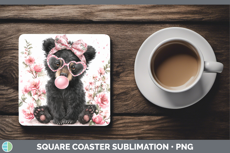 Black Bear Woodland Pink Bubble Gum Square Coaster Sublimati