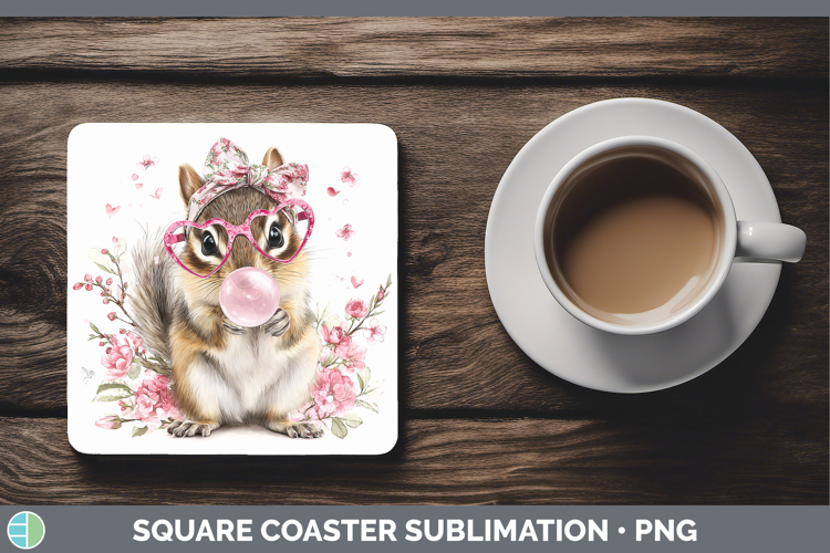 Chipmunk Woodland Pink Bubble Gum Square Coaster Sublimation