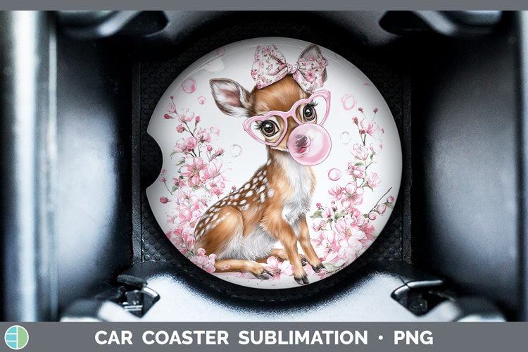 Deer Woodland Pink Bubble Gum Car Coaster Sublimation Design