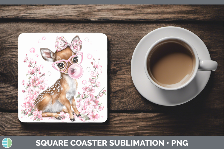 Deer Woodland Pink Bubble Gum Square Coaster Sublimation Des