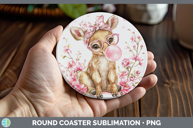 Elk Woodland Pink Bubble Gum Round Coaster Sublimation Desig
