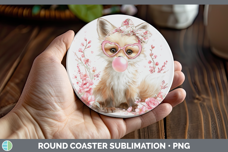 Fox Woodland Pink Bubble Gum Round Coaster Sublimation Desig