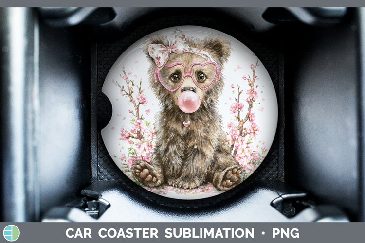Grizzly Bear Woodland Pink Bubble Gum Car Coaster Sublimatio