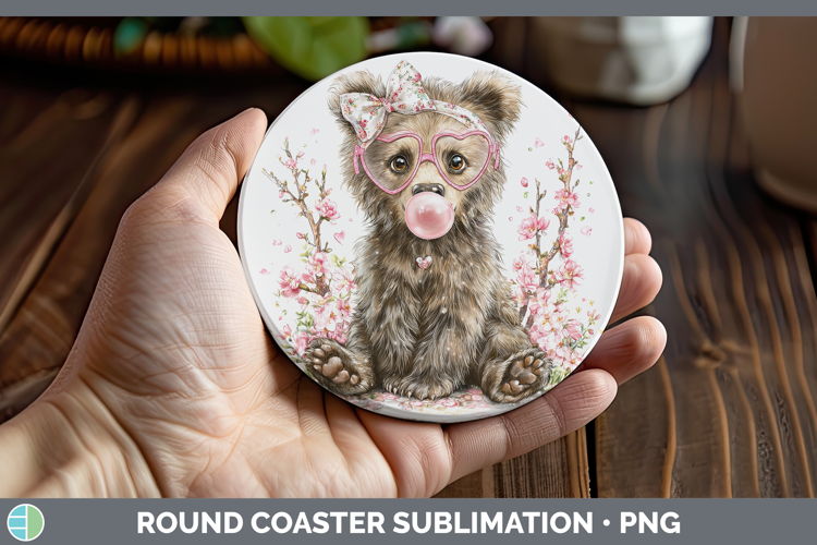 Grizzly Bear Woodland Pink Bubble Gum Round Coaster Sublimat
